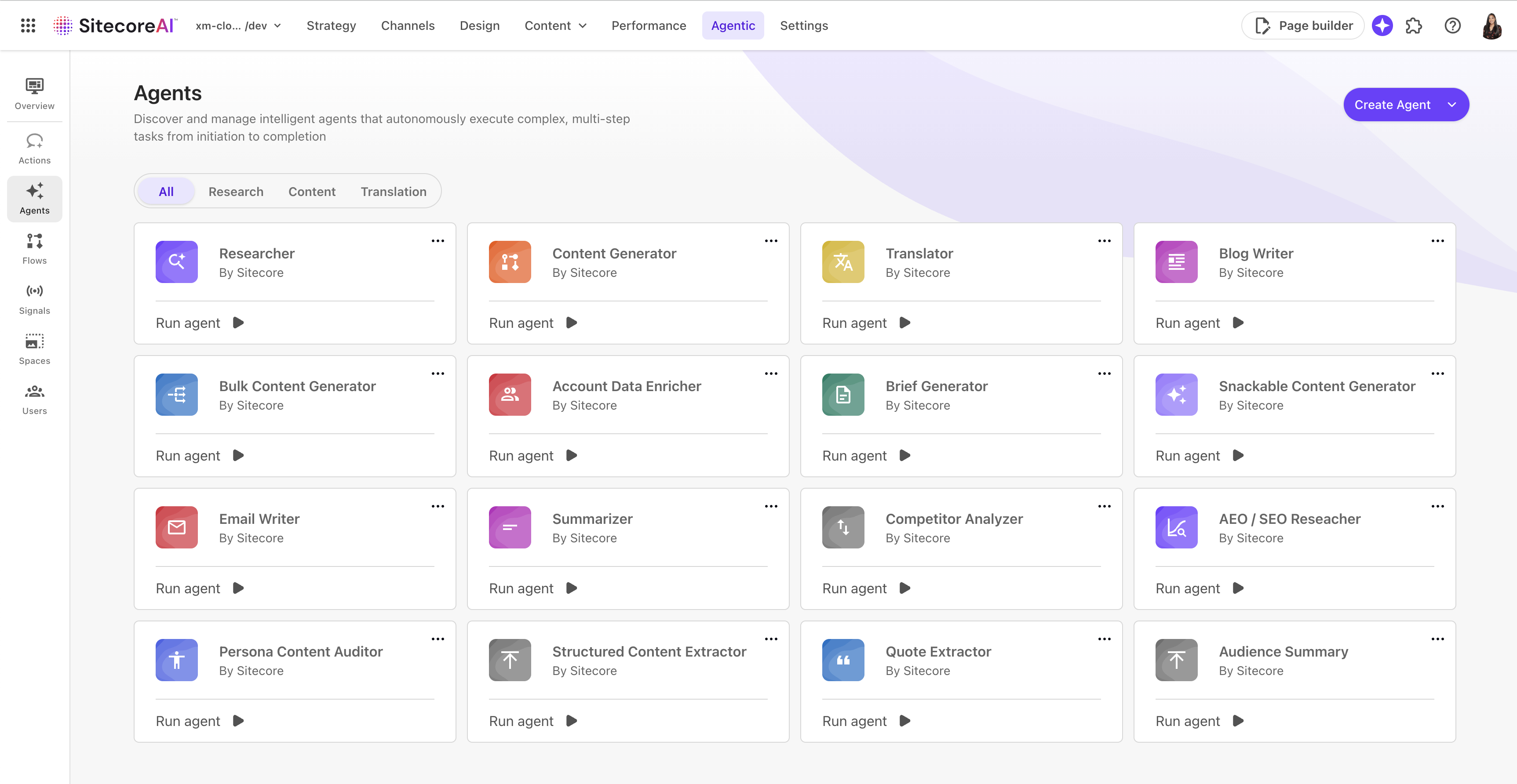 Screenshot of SitecoreAI Agentic Studio agents