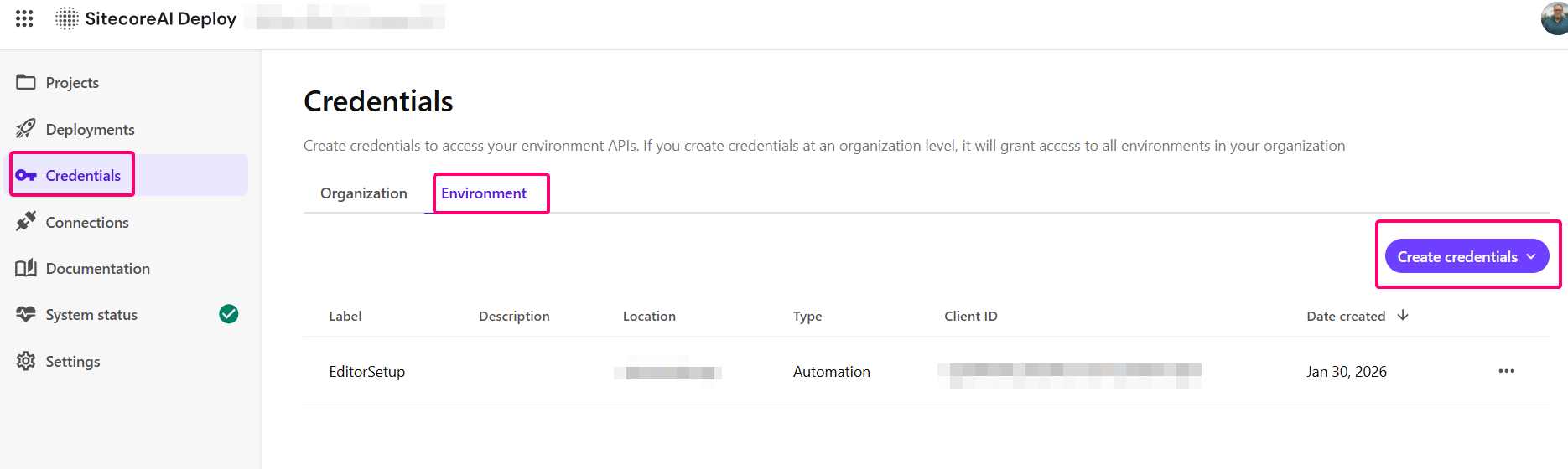 Screenshot of SitecoreAI Deploy app credentials