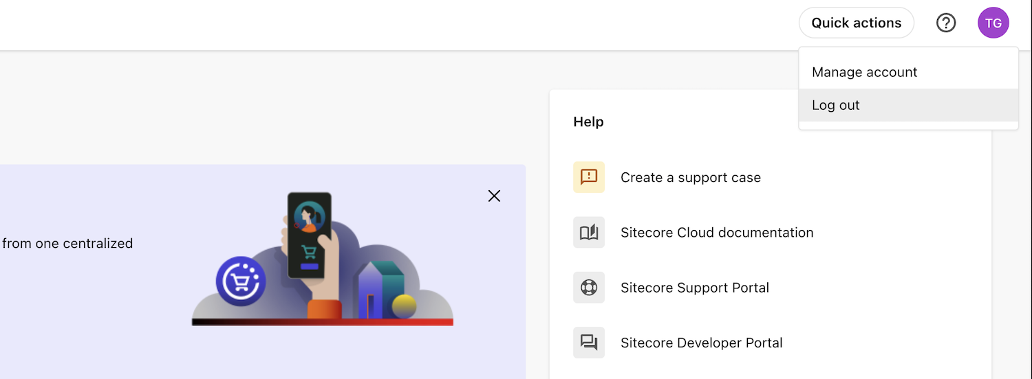 Screenshot of the logout menu in the Sitecore Cloud Portal 