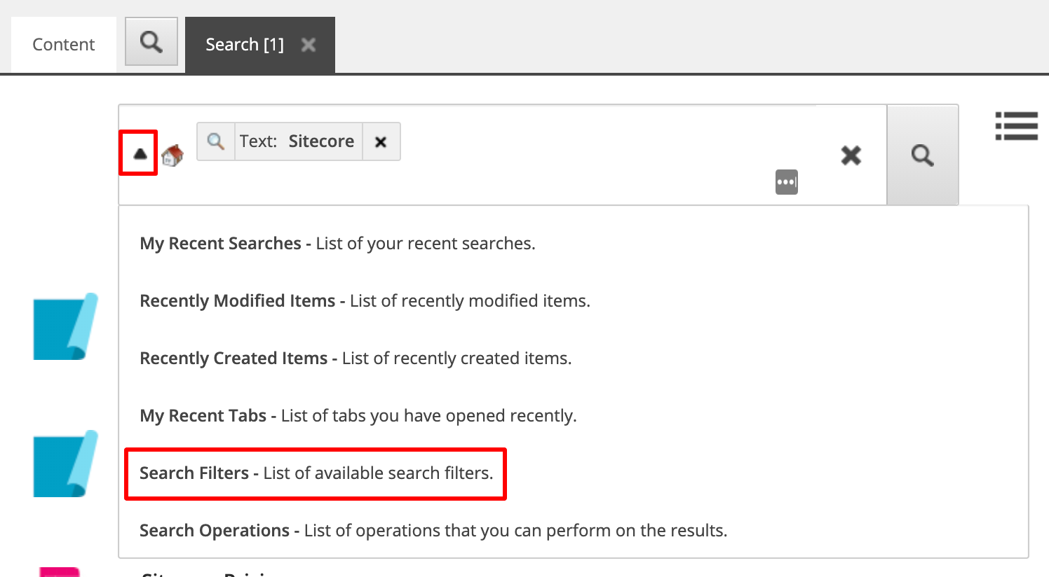Click search filters in the Sitecore search dropdown