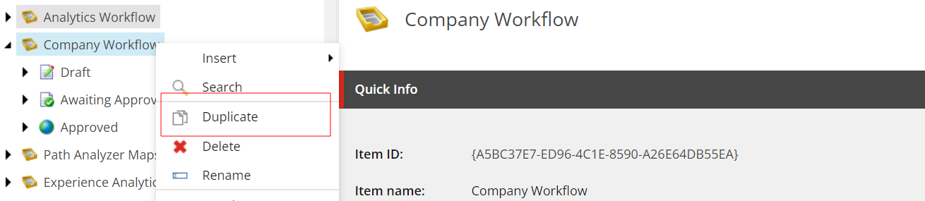 Screenshot of duplicating an existing workflow in Sitecore