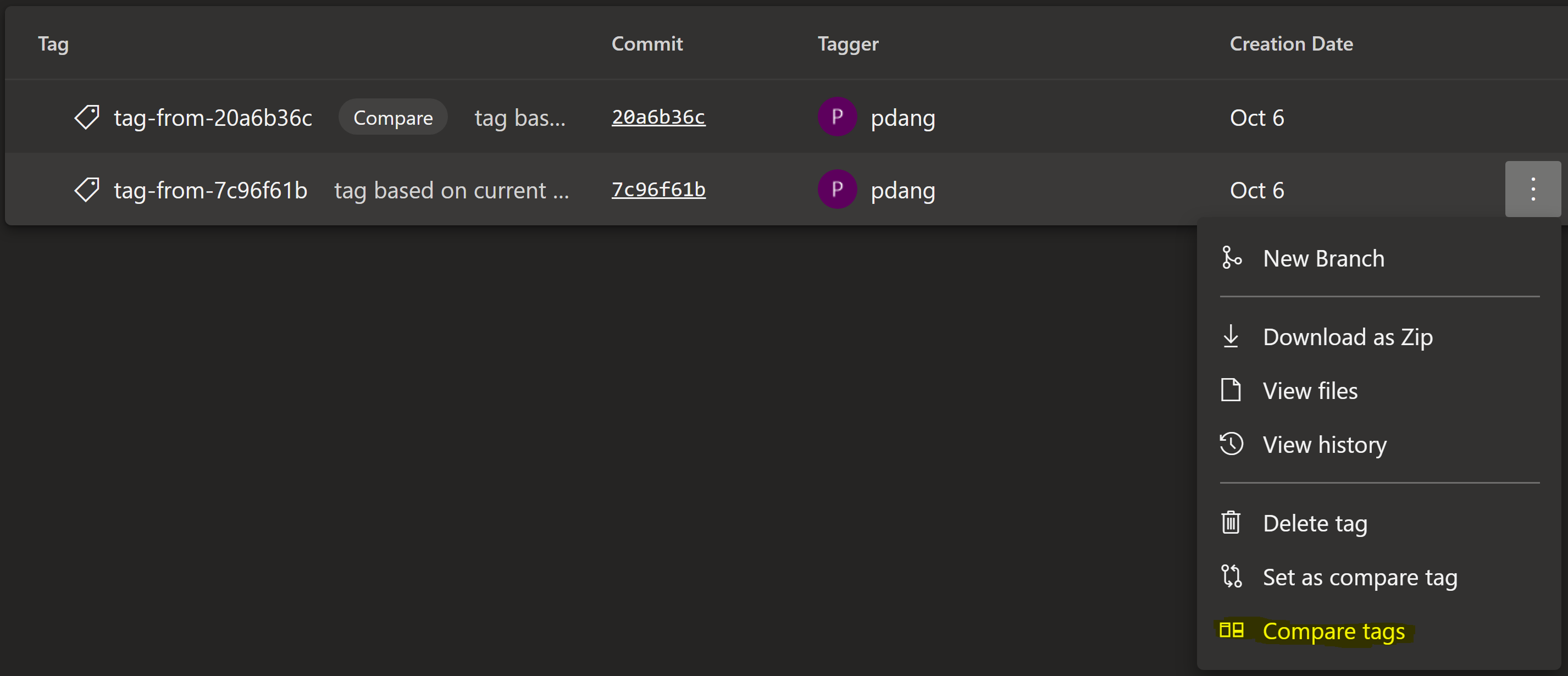 Select the 'Compare Tags' option to start comparing the two tags