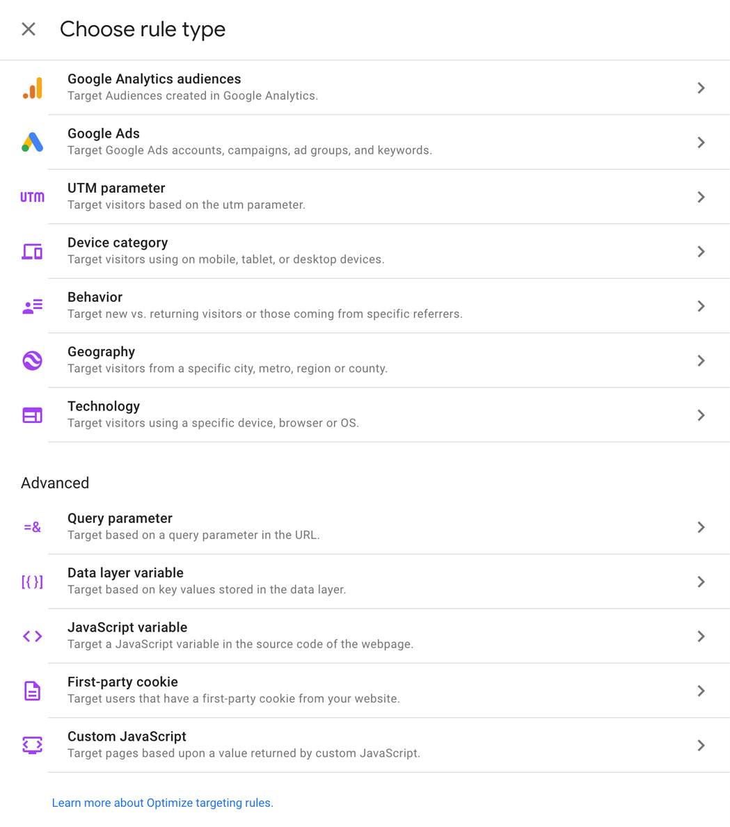 Rule types in Google Optimize