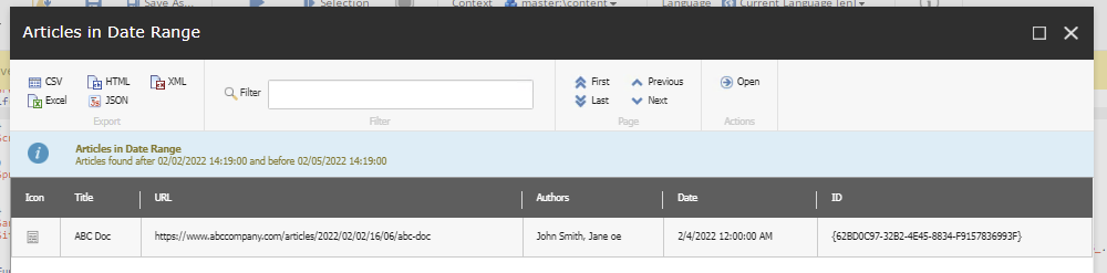 Articles in data range modal in Sitecore