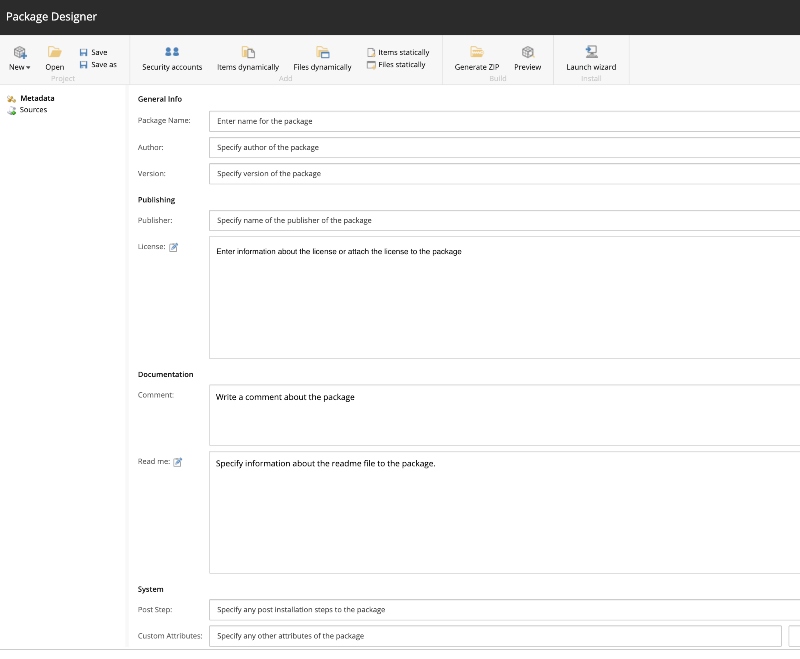 Metadata window when creating a package in Sitecore