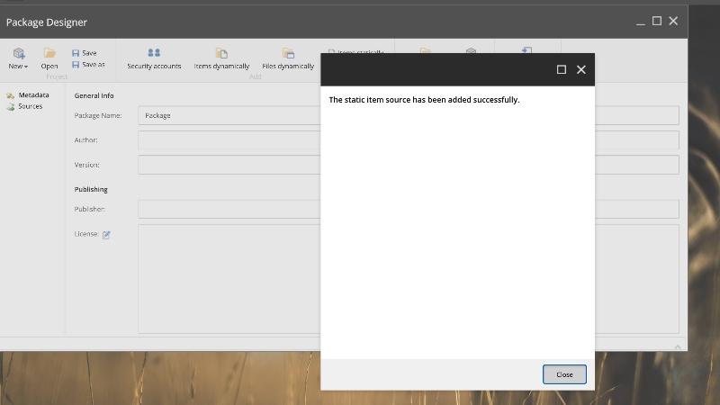 The static item source has been successfully added window when creating a package in Sitecore
