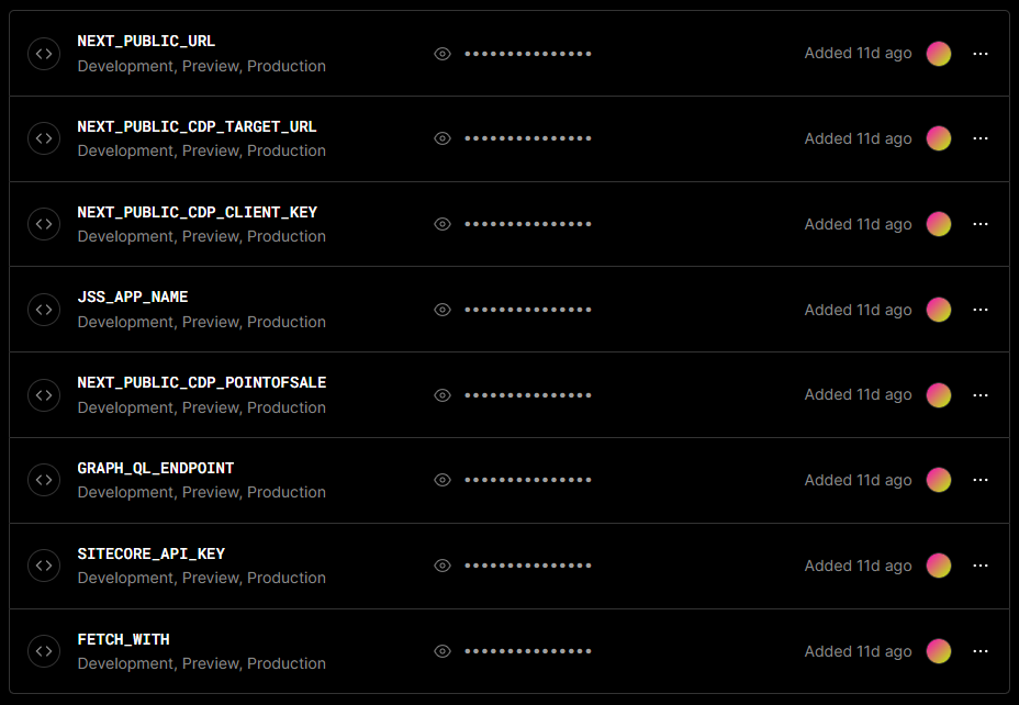 Screenshot of the Environment Variables in Vercel to deploy Sitecore XM Cloud