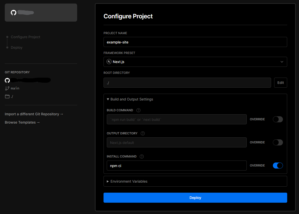 Screenshot for deploying your Sitecore NextJs app to Vercel