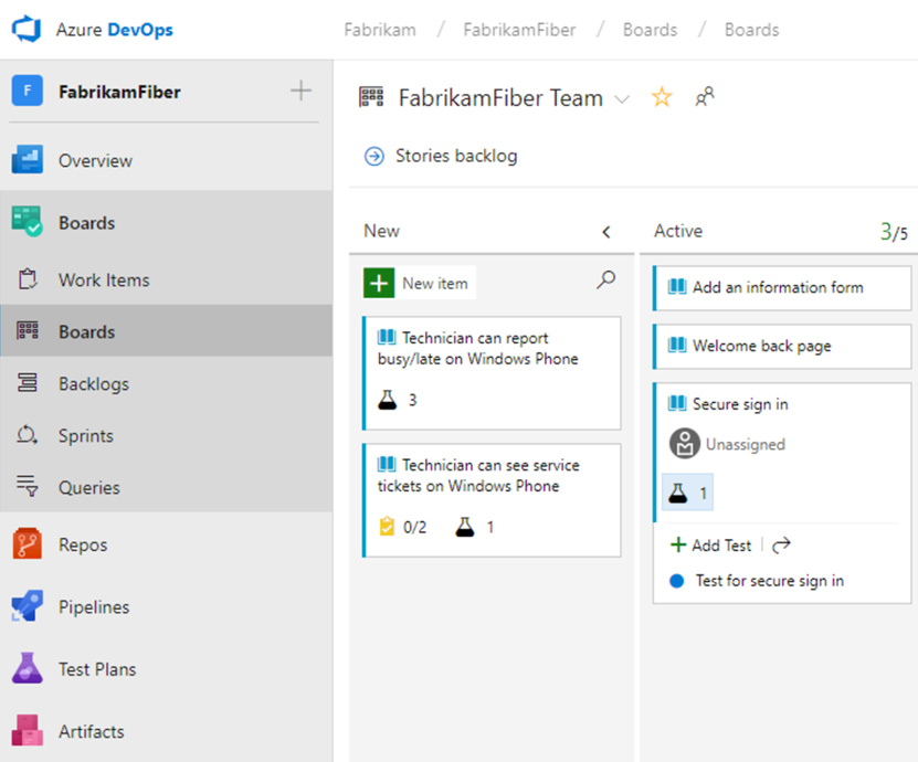 Screenshot of an Azure DevOps board