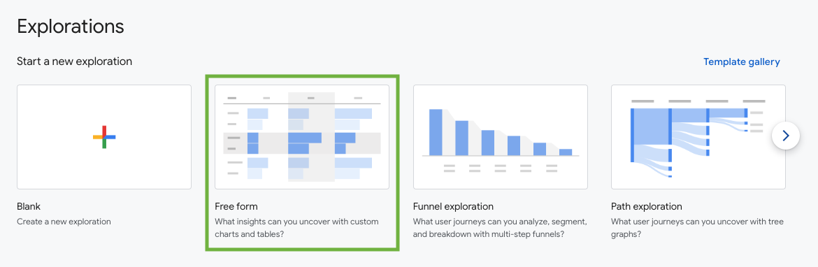 Screenshot of choosing Free-form explorations in GA4