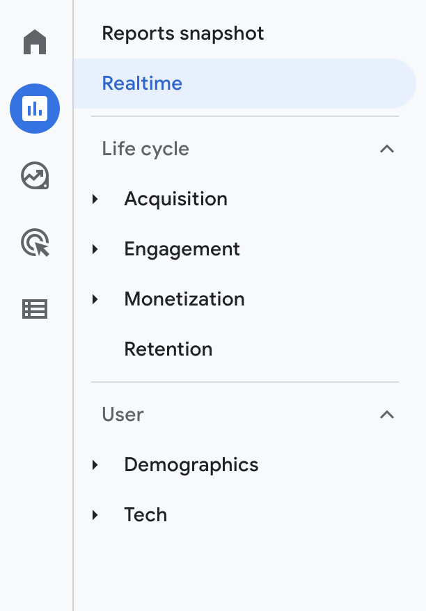 Screenshot of GA4 menu to navigate to the Realtime report