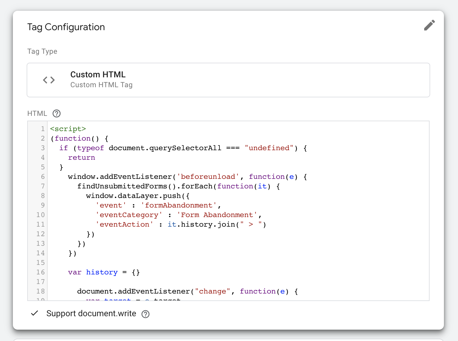 Google Tag Manager form abandonment script tag configuration 