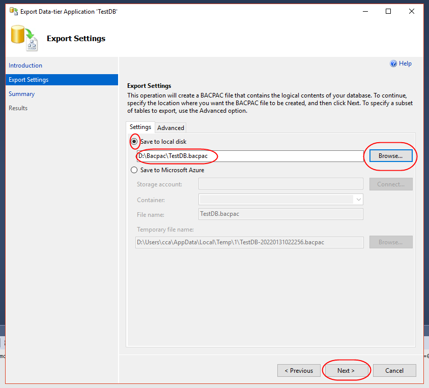 BACPAC Export Settings