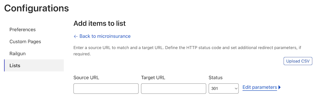 Cloudflare redirect configuration add item.