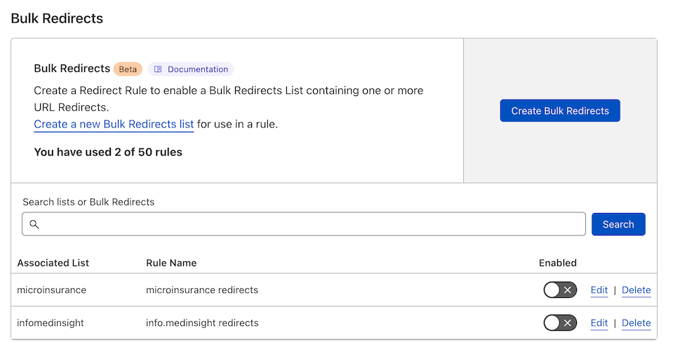 Cloudflare list of Bulk Redirects.