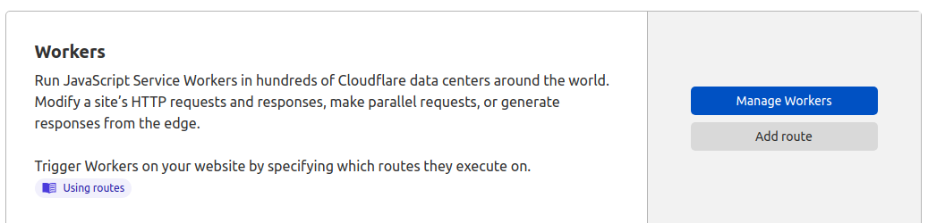 The Workers area in Cloudflare allows users to add and create new Workers.