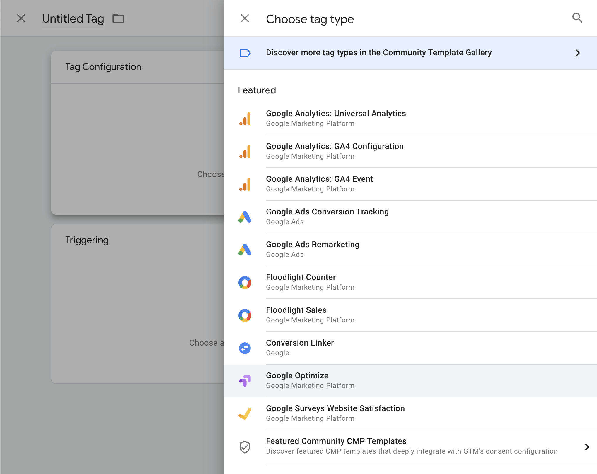 Screenshot of Google Tag Manager configuring Google Optimize Tag