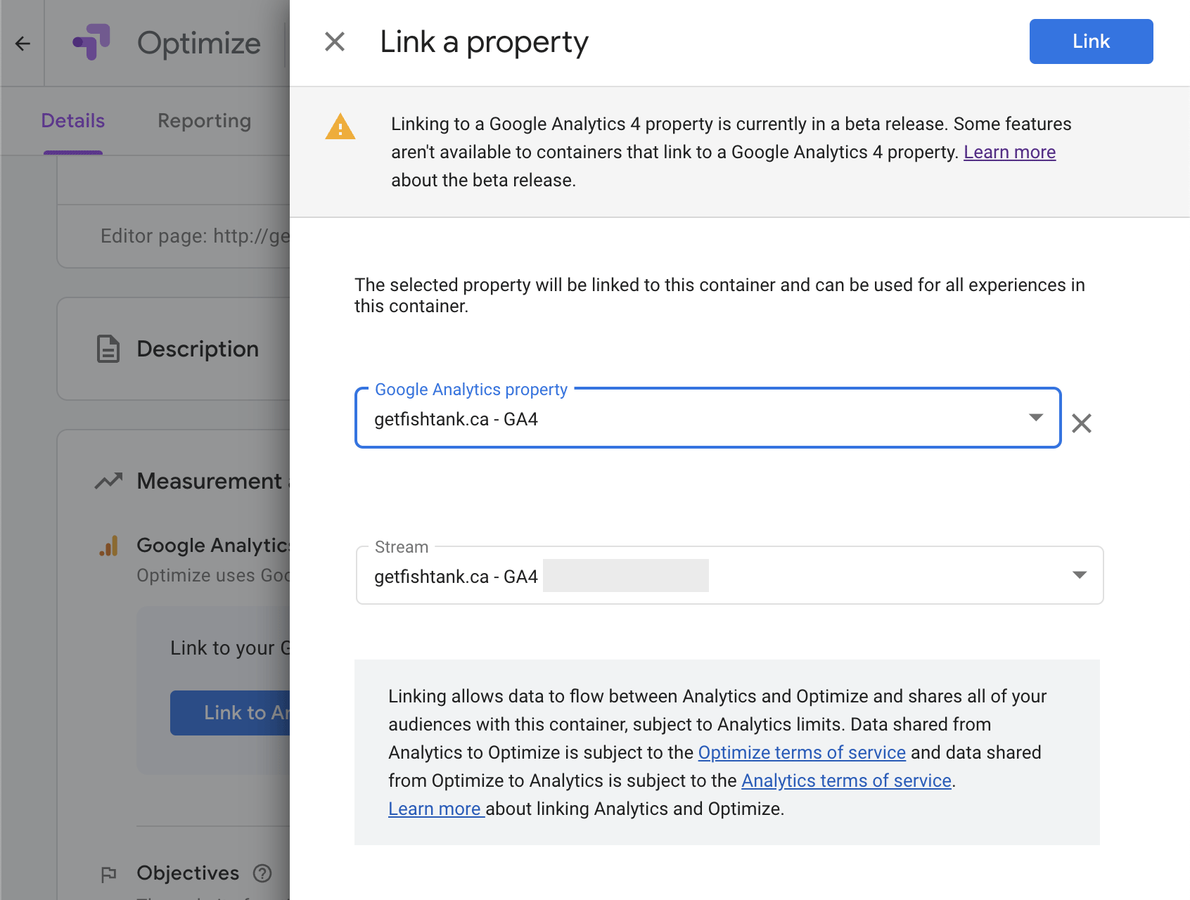 Screenshot of Google Optimize linking to Google Analytics 4