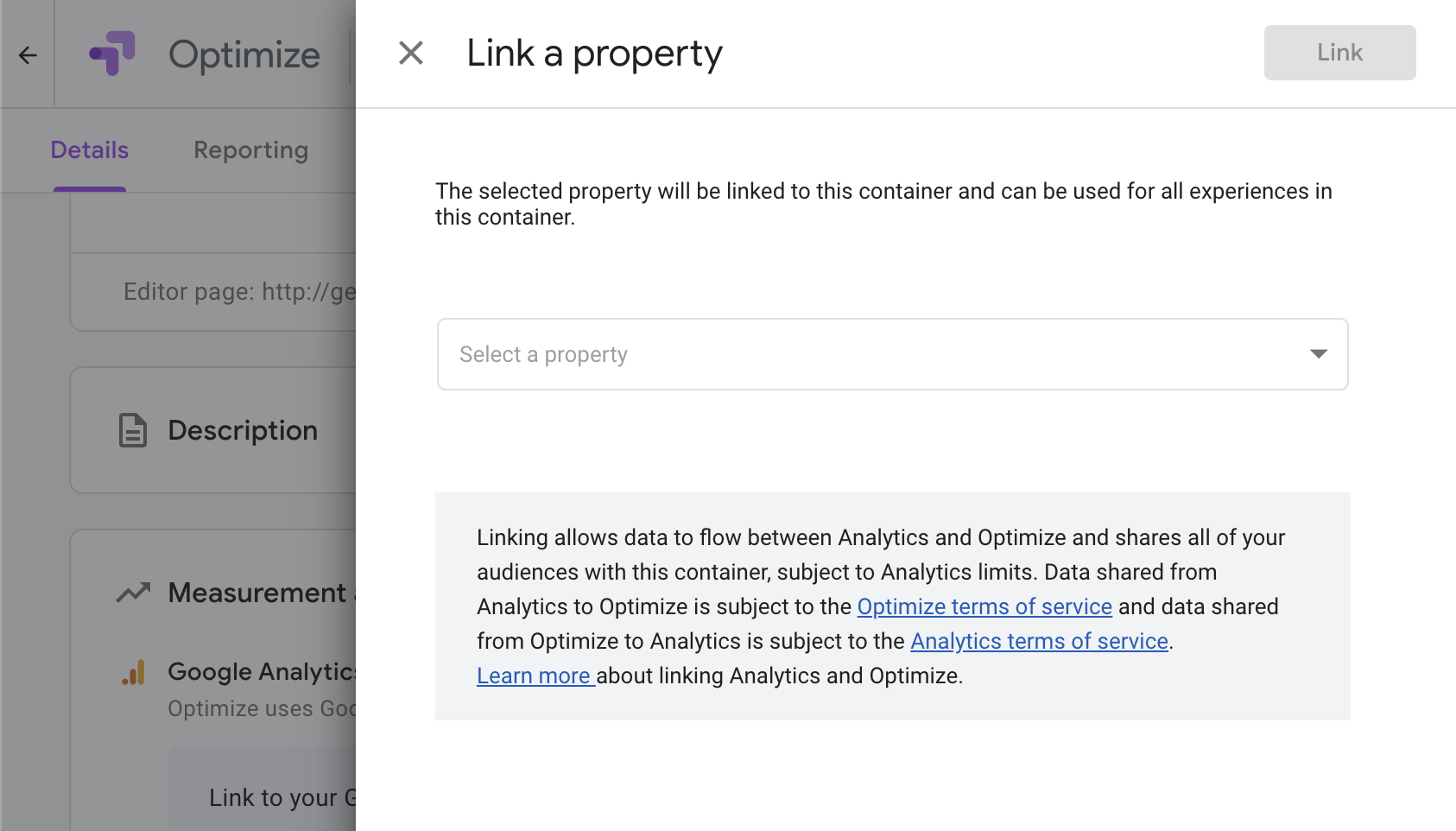 Screenshot of Google Optimize linking to Google Analytics property