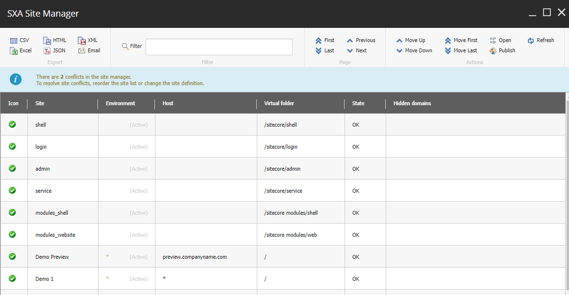 Resolving the conflict by selecting the Demo Preview site in the list in Sitecore