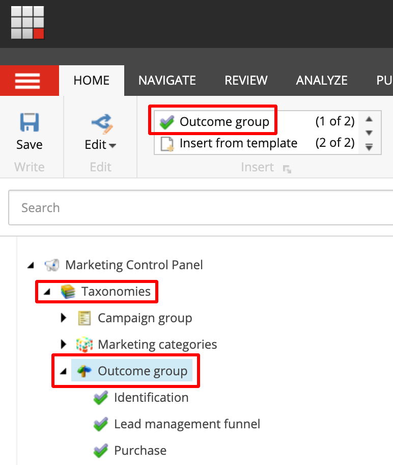 Adding an outcome group to Sitecore