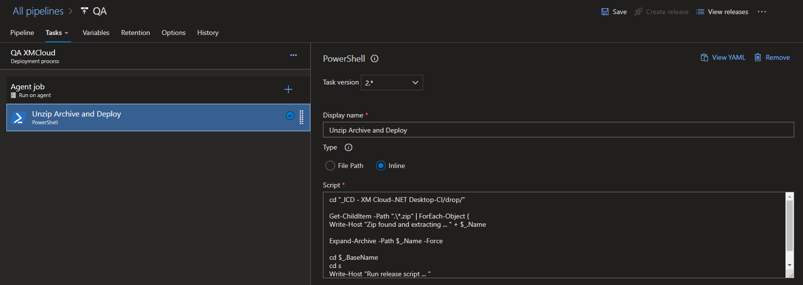 Screenshot of how to deploy Sitecore XM Cloud with DevOps Release Pipeline CLI