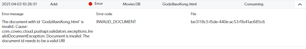 Example of a Coveo error where documentId wasn’t in URI format