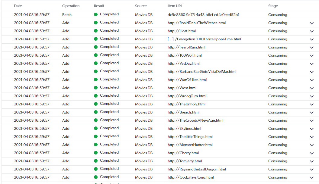 A batch index log in Coveo