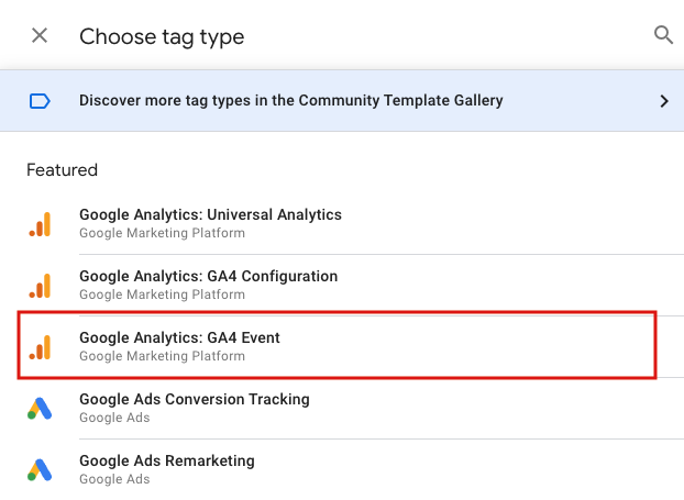 Screenshot of GTM Tag types