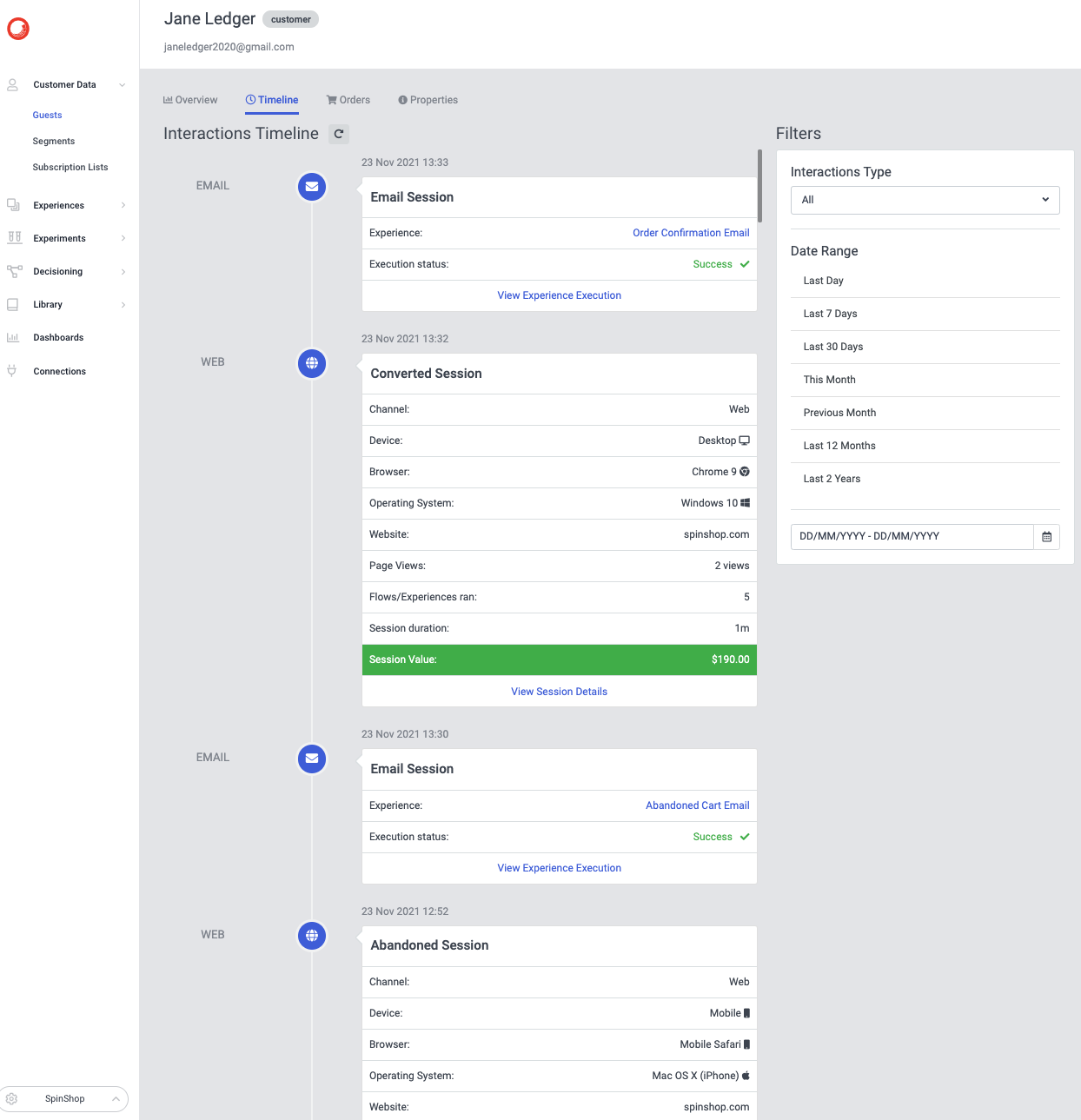 Sitecore CDP single customer view screenshot