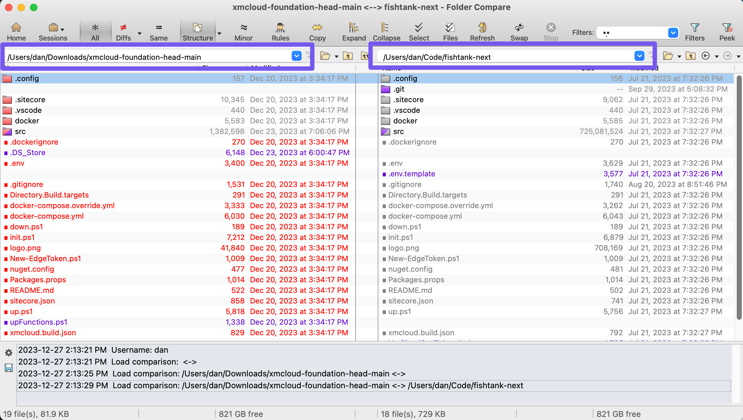 Folder compare screen to upgrade your Next.js Environments in Sitecore XM Cloud