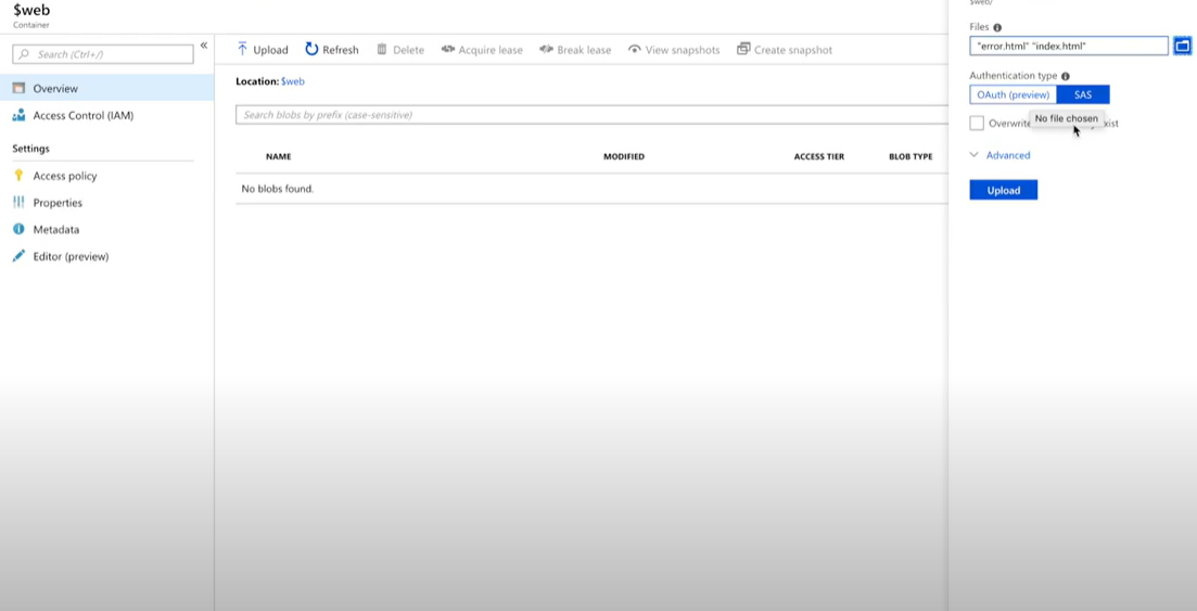 Screenshot of the file upload container in Azure