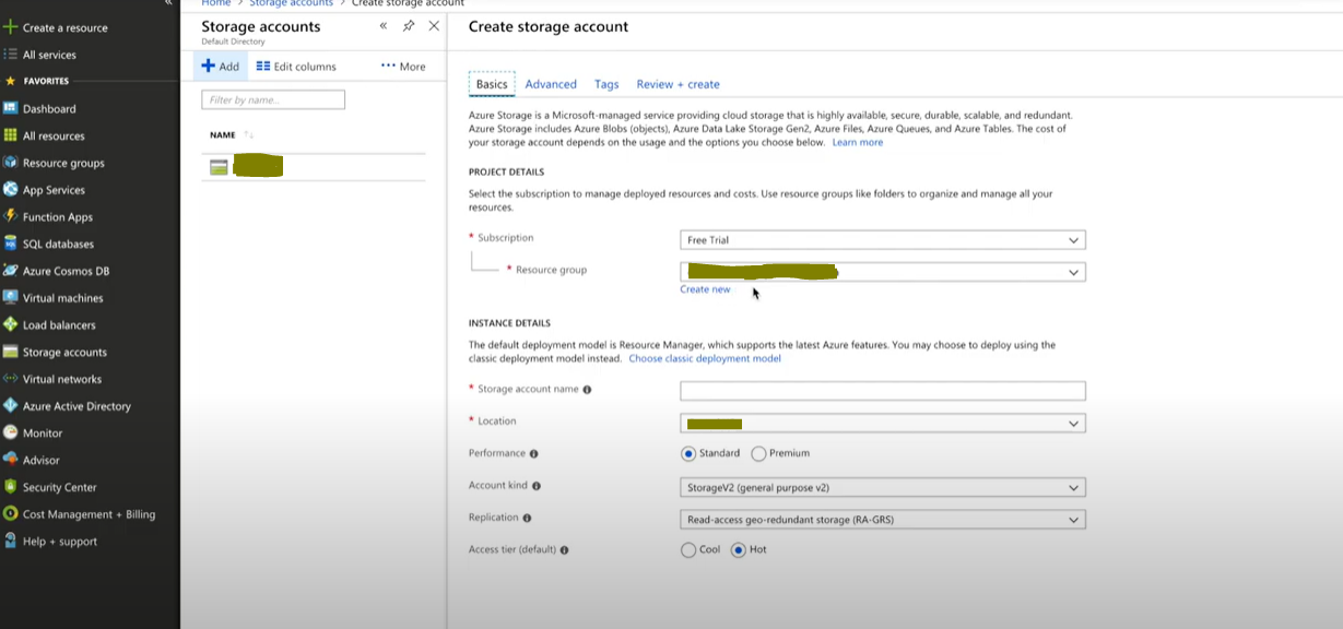 Screenshot of the Create storage account dashboard in Azure