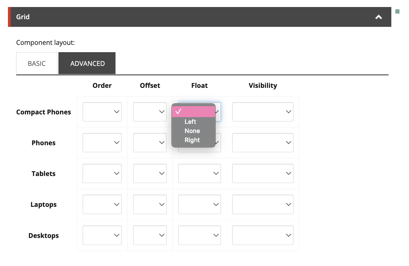 Sitecore SXA Advanced Component Layout Float Options