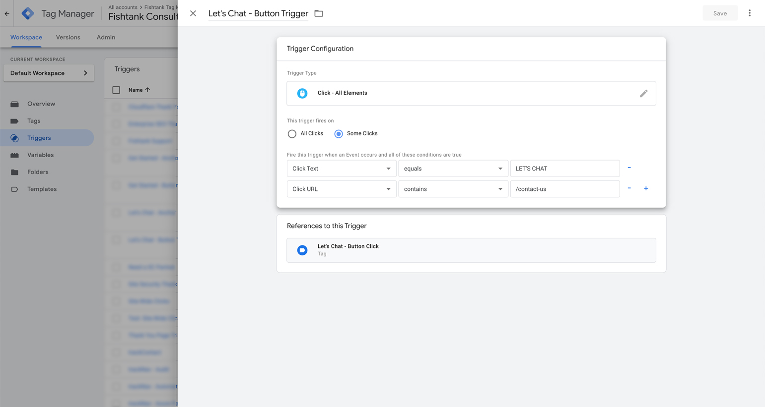 Configuring a trigger in Google Tag Manager for a button click