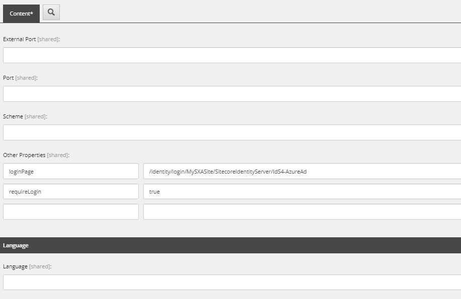 A screenshot of Site Grouping in content editor in Sitecore SXA showing the Other Properties field