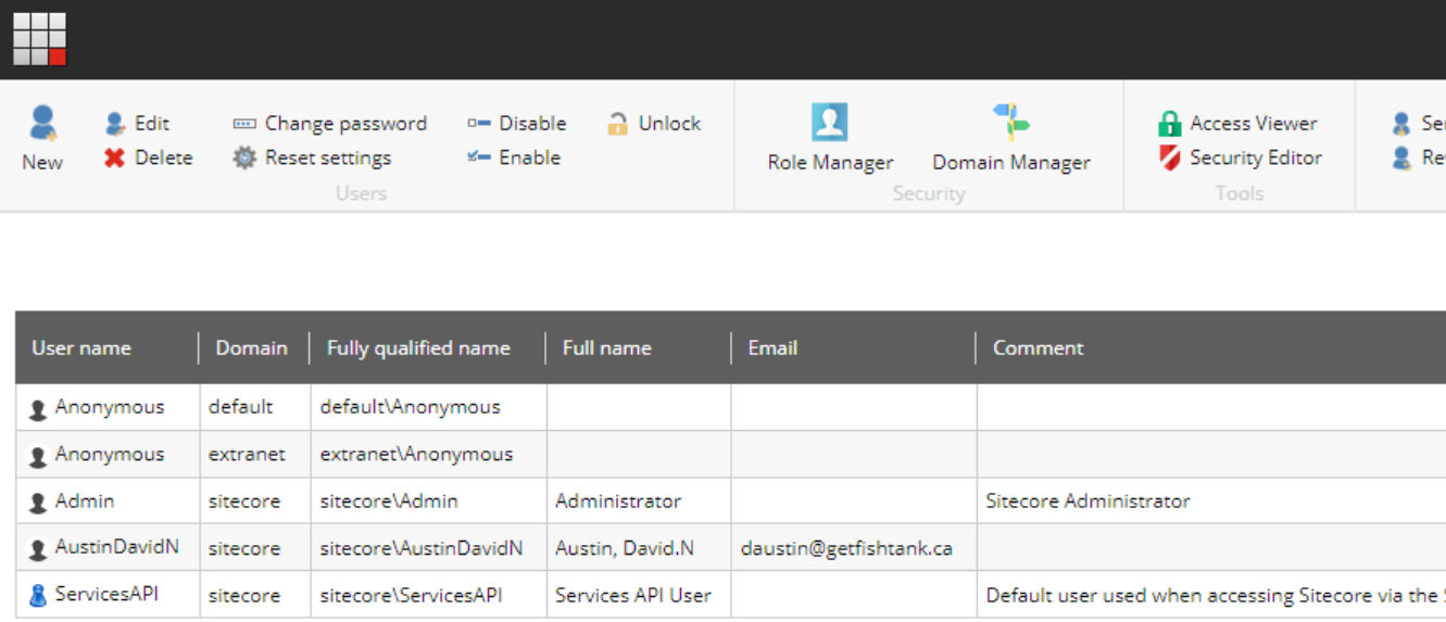 Sitecore Identity Server showing the proper username after deleting the original user and logging in again