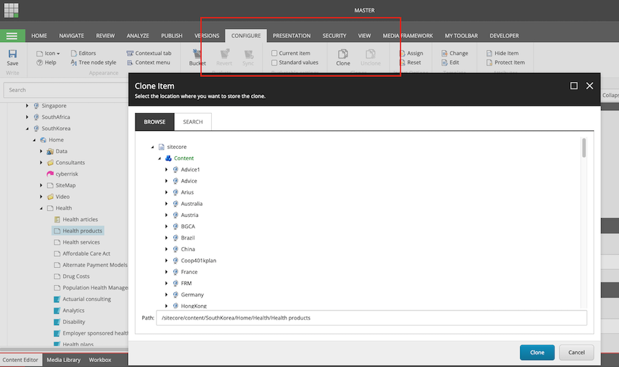 Cloning an item in Sitecore modal