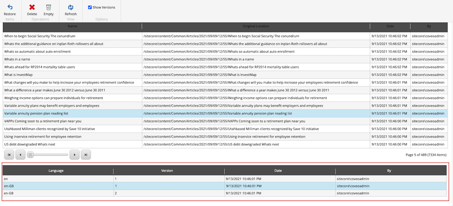 Restore versions of an item in Sitecore.