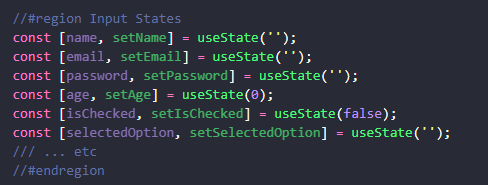 Screenshot of React code illustrating input states using useState for name, email, password, age, isChecked, selectedOption, and more.