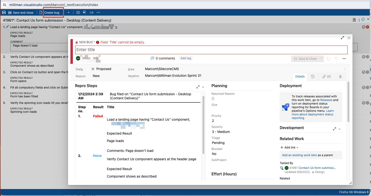 Creating a bug for a test case in Azure DevOps