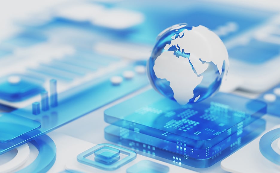 A glowing globe floating above an abstract, blue-toned technological platform, representing global connectivity, data communication, or digital infrastructure.