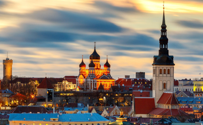 Historic city lights at night