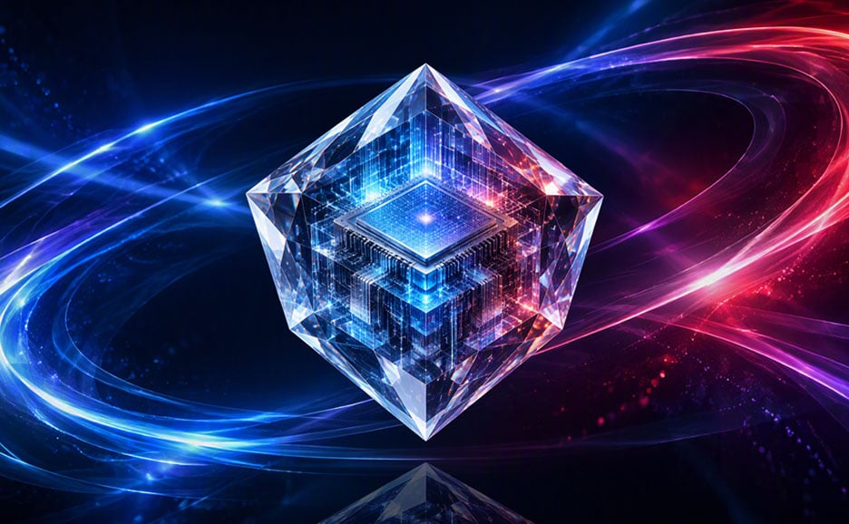 Transparent cube containing a semiconductor chip surrounded by flowing trails of light