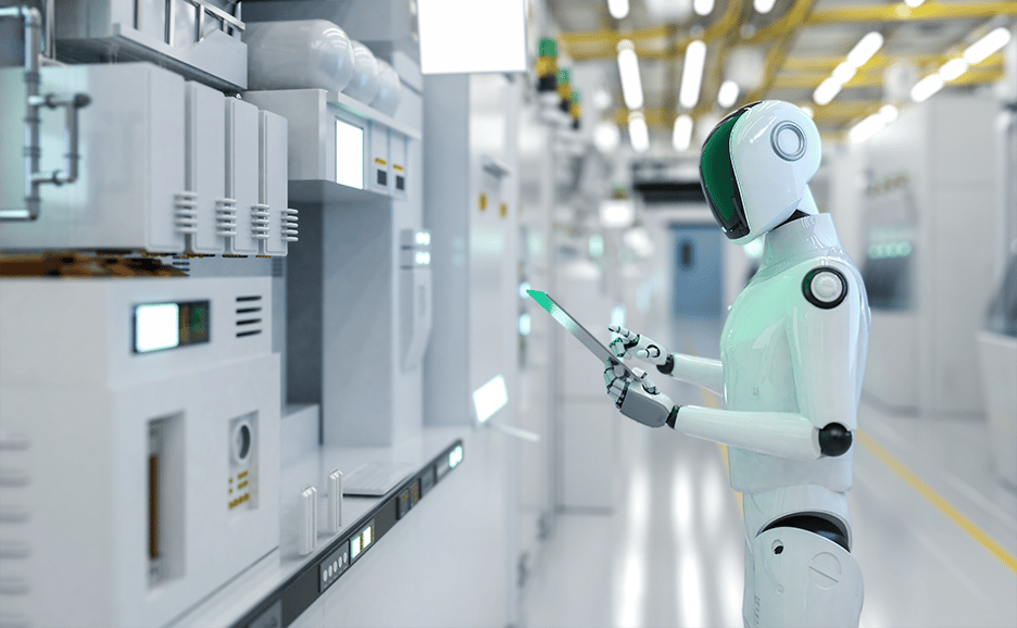 A robot operates a tablet, monitoring machinery in a modern factory.
