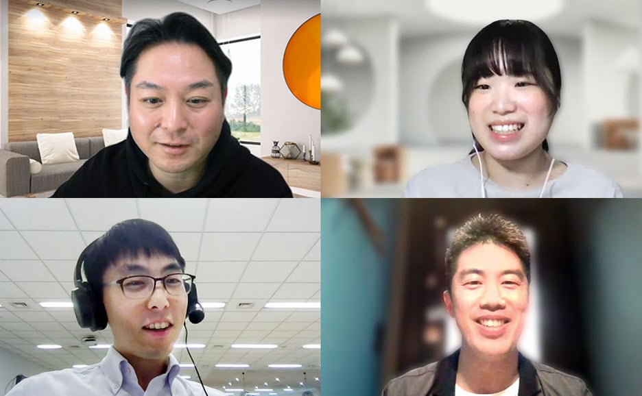 オンラインで話を伺う様子(左上から時計回りに、EVP CDXO(兼)CIO 福田さん、ハッカソン優勝者 安田さん、DIGITAL SHIFTS DIS事業部グループ長 土井さん、パブリック&ヘルスケア事業本部 中川さん)