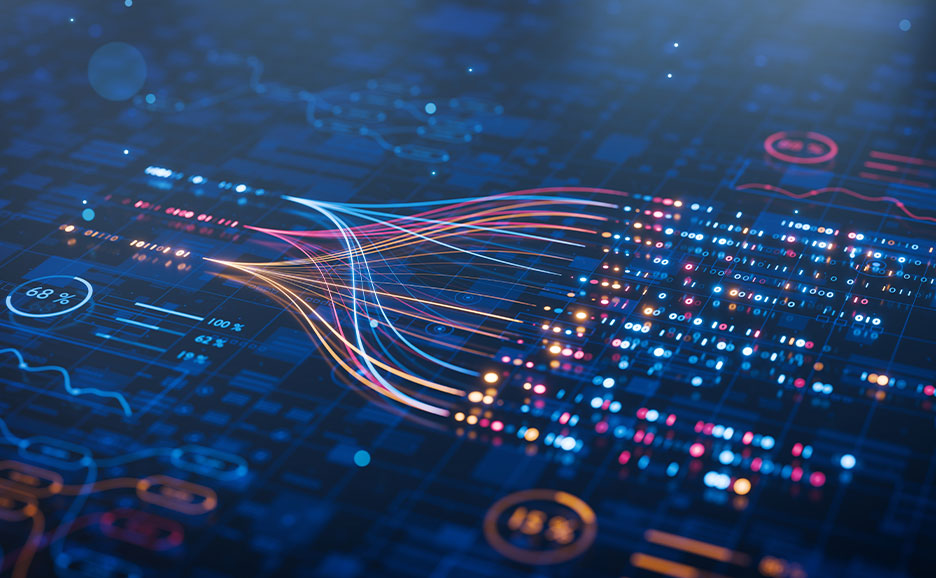 Abstrakte Darstellung vernetzter Datenströme, die auf einer digitalen Analyseplattform zusammenlaufen