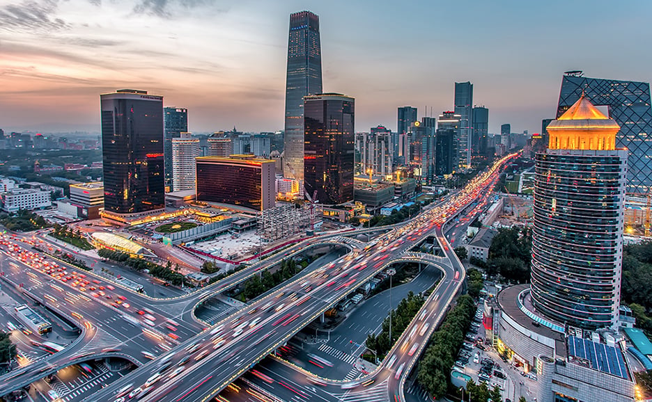 Flowing traffic lights and skyscrapers, Beijing at night