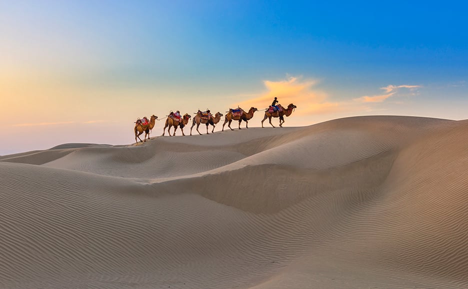 A caravan of camels carrying people across a desert at sunset.