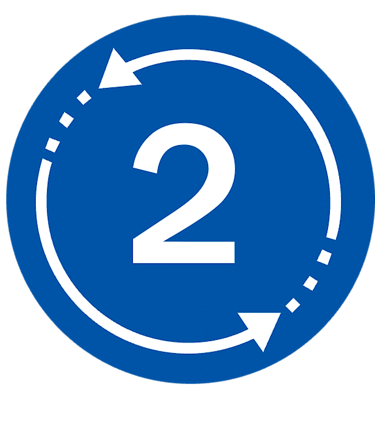 Blue circular icon with the number "2" and two white arrows in a loop, symbolizing repetition